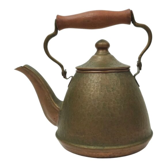 Tea Kettle Copper Vintage 6 Cup Beaten Wood Handle Farmhouse Home Decor Brown - Picture 1 of 15